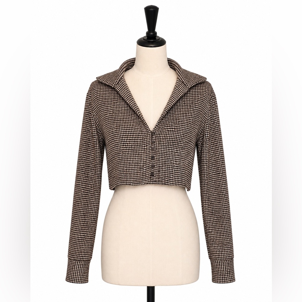 Zara Houndstooth Cropped Button Front Top | Collared Long Sleeve | Size L